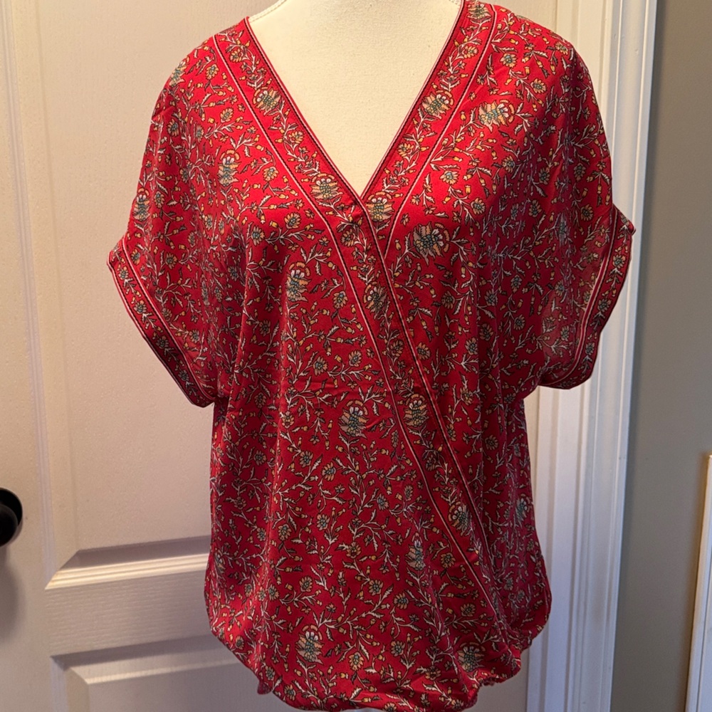Max Studio Red Floral Faux Wrap Blouse